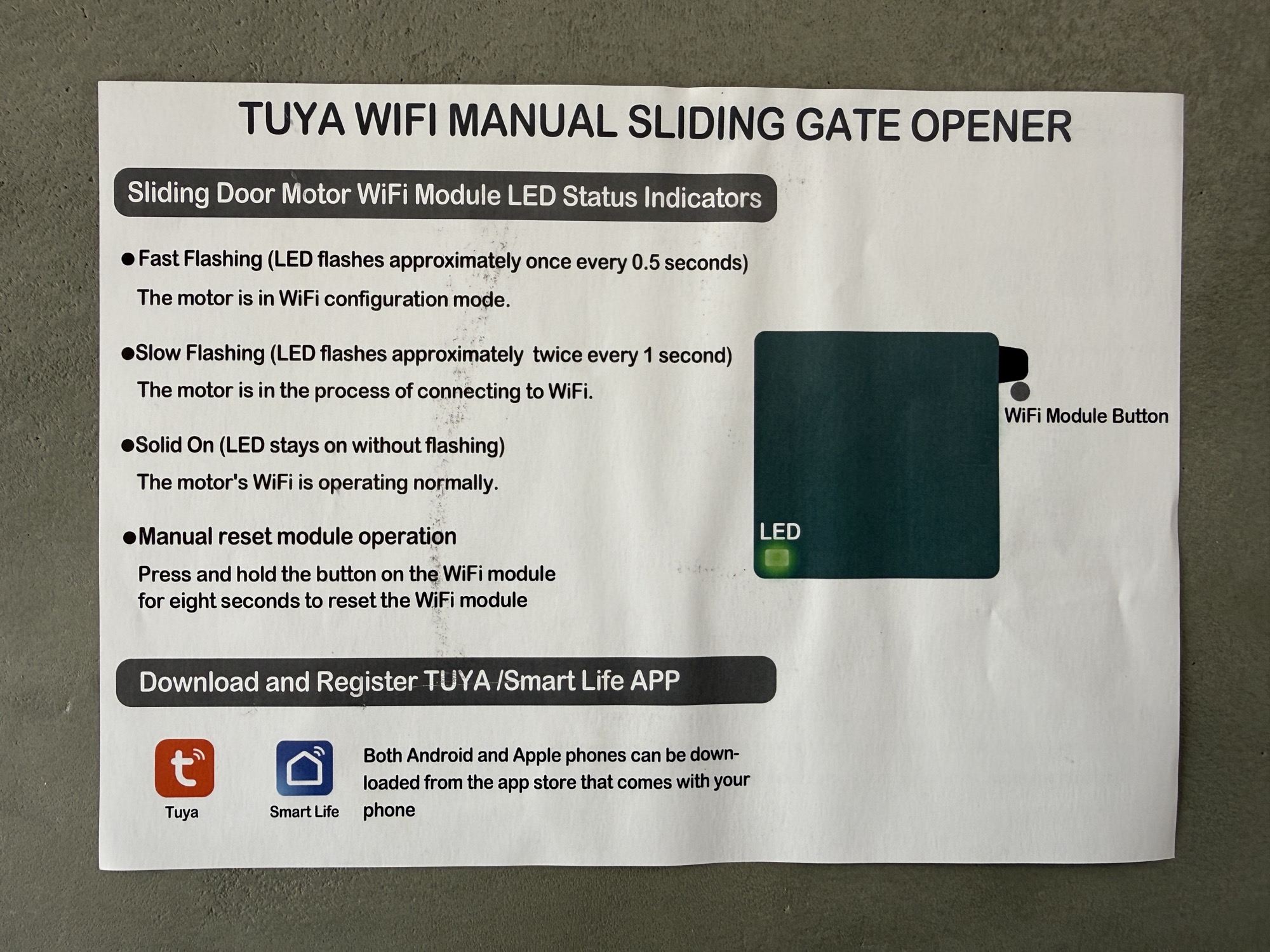 Tuya Wi-Fi მოდულის LED სტატუსები და reset ღილაკი